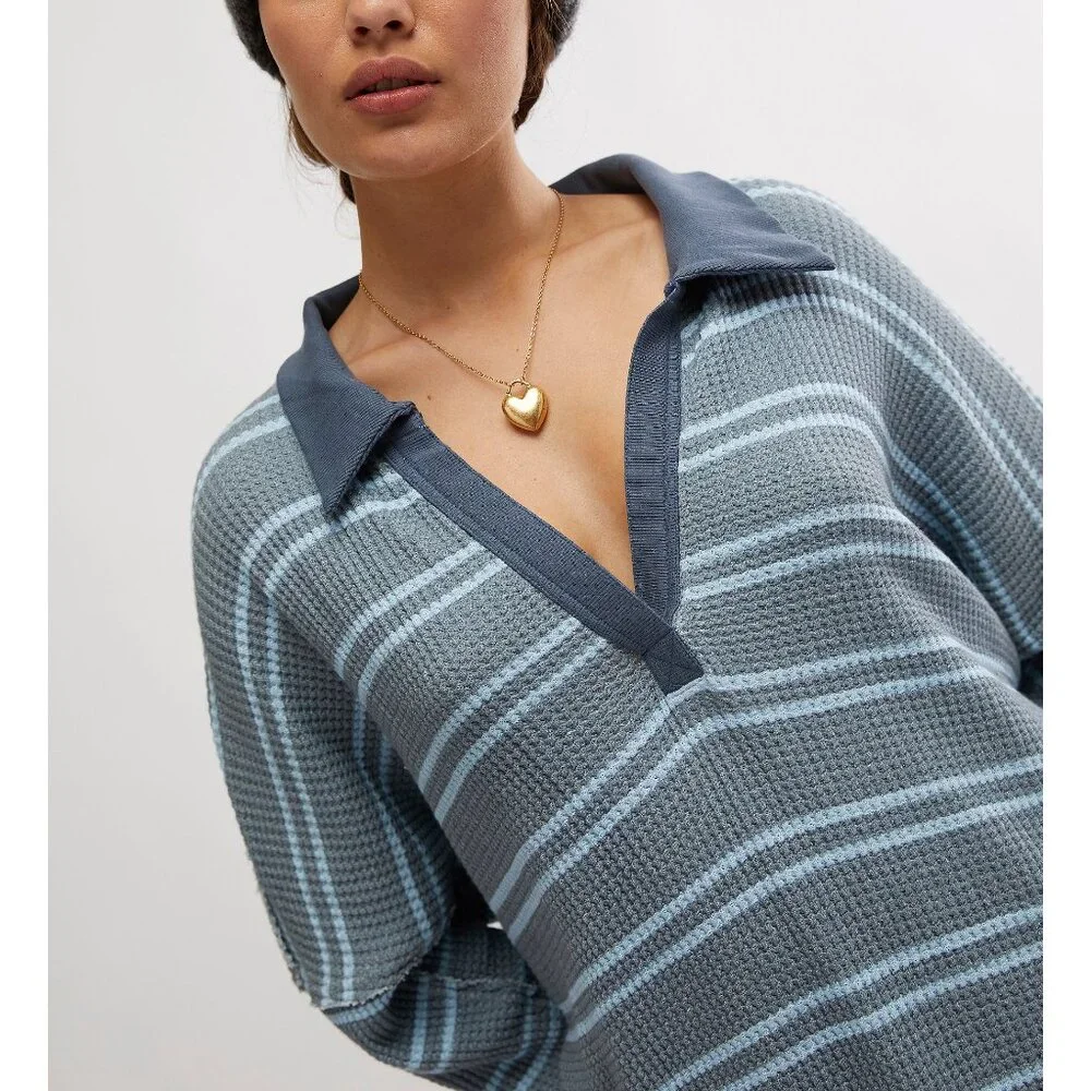 FREE PEOPLE We The Free Striped Travis Polo / Heather Grey Combo - Picture 4 of 6